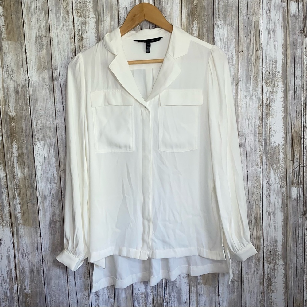 White House Black Market Off White High Low Hidden Button Down Utility Blouse - Picture 2 of 7